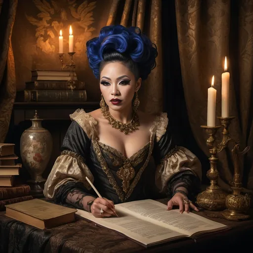 Prompt: Baroque-style still-life portrait, (honoring an Asian drag queen poet), celebrating literary creativity, rich details in (dramatic lighting), surrounded by quill pens, parchment, books, elegant fabric drapes, intricate textures, atmospheric candlelit background, deep shadows and highlights, lush colors, ultra-detailed, historical ambiance, evoking inspiration and reverence for the art of poetry.