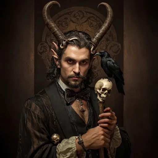 Prompt: (Renaissance still life), (man magician satyr), (dark color scheme), (elegant pose), (horns), holding a cane with skull orc, (crow perched on his shoulder), intricate details, moody ambiance, dim celestial lighting, rich textures, dramatic shadows, (stylized cane topped with a skull orb), ultra-detailed, high quality, evocative atmosphere.