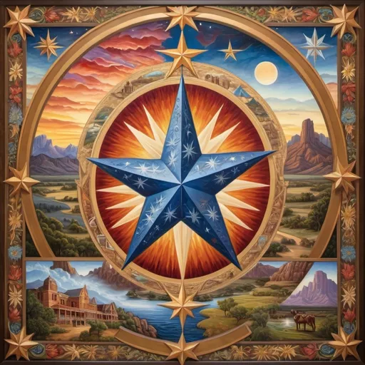 Prompt: (detailed oil painting) a radiant star at the center, surrounded by intricate representations of Texas landscapes and iconic state symbols, harmoniously integrated into a map design, (Evelyn De Morgan inspired) vivid colors, rich textures, highly detailed, showcasing regionalism, capturing the essence of Texas, artful composition, historical richness, and cultural significance, ultra-detailed, vibrant hues, breathtaking atmospheres.