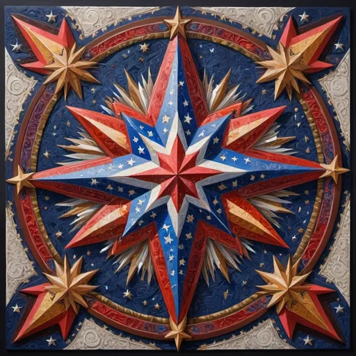 Prompt: (detailed painting), (symbolic star), vibrant colors of the United States, intricate symbols representing America, rich textures, depth in colors, blend of traditional and modern regionalism themes, expressing unity and diversity, profound visual storytelling, captures the essence of American identity, ultra-detailed, a masterpiece celebrating the spirit of the nation.