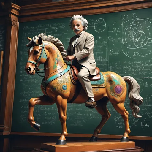 Prompt: (art movement: Art Deco), vibrant color scheme, (Carousel of Science), highly detailed digital painting, statue-like Albert Einstein, gracefully posed on a (majestic horse), a mysterious (chalkboard) filled with equations and sketches in the background, (ultrafine details), playful yet thoughtful atmosphere, intricate geometric patterns, rich textures, 4K quality, striking composition, dynamic blending of colors, creative expression through scientific wonder.