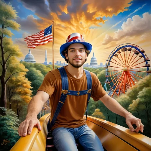 Prompt: A masterpiece painting by A Seven Wonders Art Glass Studio, (vibrant colors), depicting a man in a (patriotic hat) riding the (Freedom rollercoaster) in D.C.’s (new amusement park) named Freedom Park. The background features (dynamic amusement park rides), (lush greenery), and the spirit of (freedom) runs throughout. A symbolic homage to Nuit, with a (breathtaking sky) above, featuring (warm light) detailing and a victorious atmosphere, encapsulated in (ultra-detailed) art.