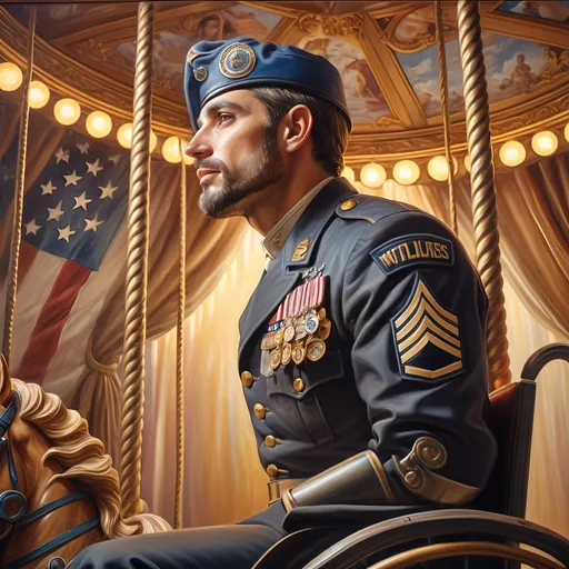 Prompt: (A Seven Wonders Art Glass Studio), oil renaissance painting, (vibrant colors), a man in military uniform, proudly riding on a Carousel of Heroes, surrounded by gracefully carved horses, soft, glowing ambiance, honoring veterans and those serving in the U.S. Military, warm golden lighting, intricate details in the uniform, carousel with richly adorned decorations, respectful atmosphere, high quality, ultra-detailed.