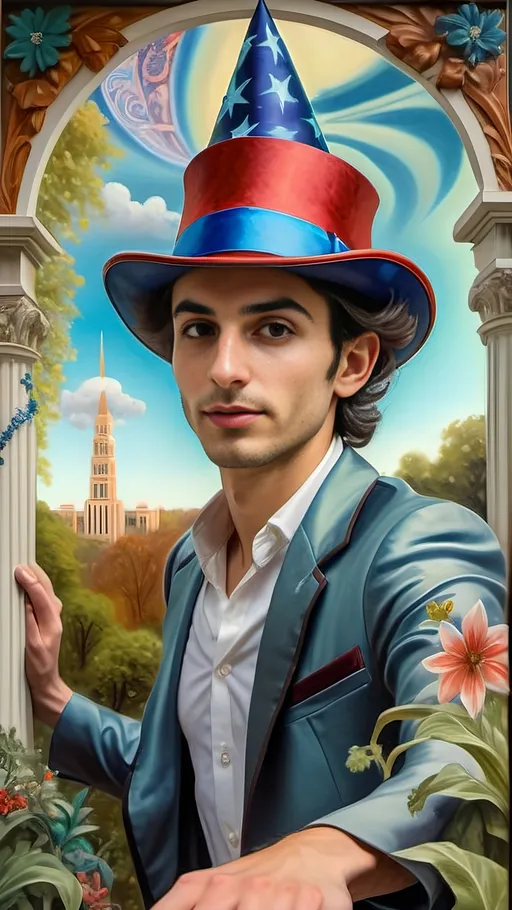 Prompt: Art Deco style, (vibrant color scheme), Renaissance oil painting, (ultra-detailed), (character portrait) of a Magician transforming into a Satyr, lush Arcadia setting, surrounded by abundant lush greenery, delicate flowers, soft sunlight filtering through trees, dreamlike atmosphere, enchanting and whimsical vibe, intricate details in expression and pose, capturing magical transformation moment.