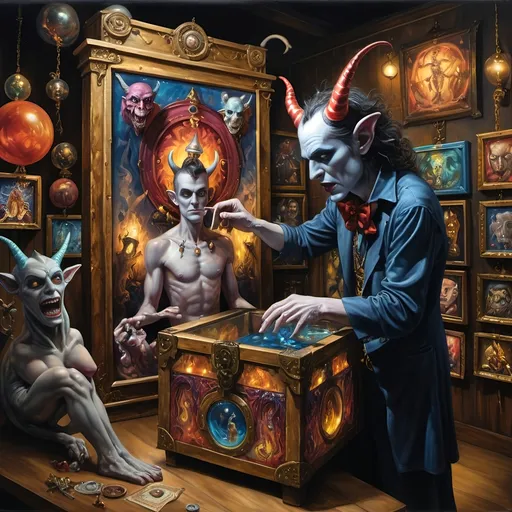 Prompt: (7 Wonders Art Glass Studio), (oil painting), demons as jack-in-the-boxes, circus setting, (highly detailed), (ultra-fine details), esoteric ambiance, dark and mysterious atmosphere, surreal colors, intricate textures, curiosity sparks, vivid contrasting shadows, ethereal lighting, artistically whimsical exhibits, hauntingly beautiful, capturing the essence of Nuit.