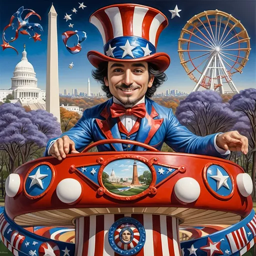 Prompt: A (masterful) Seven Wonders Art Glass Studio painting, depicting a (charming) magician man in a (patriotic) top hat, joyfully riding a rollercoaster in Liberty Park, featuring vibrant colors and whimsical elements, with a prominent Washington Monument in the background, intricately integrated with the phrase (accurately spelled text "Yankee Doodle"), all while encapsulating the theme of (honoring Nuit and the Aeon of Horus), ultra-detailed, colorful and dynamic atmosphere.