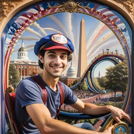 Prompt: A (masterful) Seven Wonders Art Glass Studio painting, depicting a (charming) magician man in a (patriotic) top hat, joyfully riding a rollercoaster in Liberty Park, featuring vibrant colors and whimsical elements, with a prominent Washington Monument in the background, intricately integrated with the phrase (accurately spelled text "Yankee Doodle"), all while encapsulating the theme of (honoring Nuit and the Aeon of Horus), ultra-detailed, colorful and dynamic atmosphere.