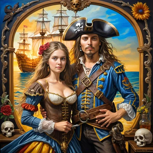 Prompt: (7 Wonders Art Glass Studio) Renaissance (oil painting) masterpiece, capturing the essence of honor and adventure, featuring a detailed portrayal of a pirate man and his lover dressed in Conquistador-era pirate costumes, gracefully posed in front of a majestic ship adorned with a skull, vibrant colors, dramatic lighting, highly detailed, fantastical elements, inspired by David Macaulay, showcasing the rich textures of oil paint, true artistry.