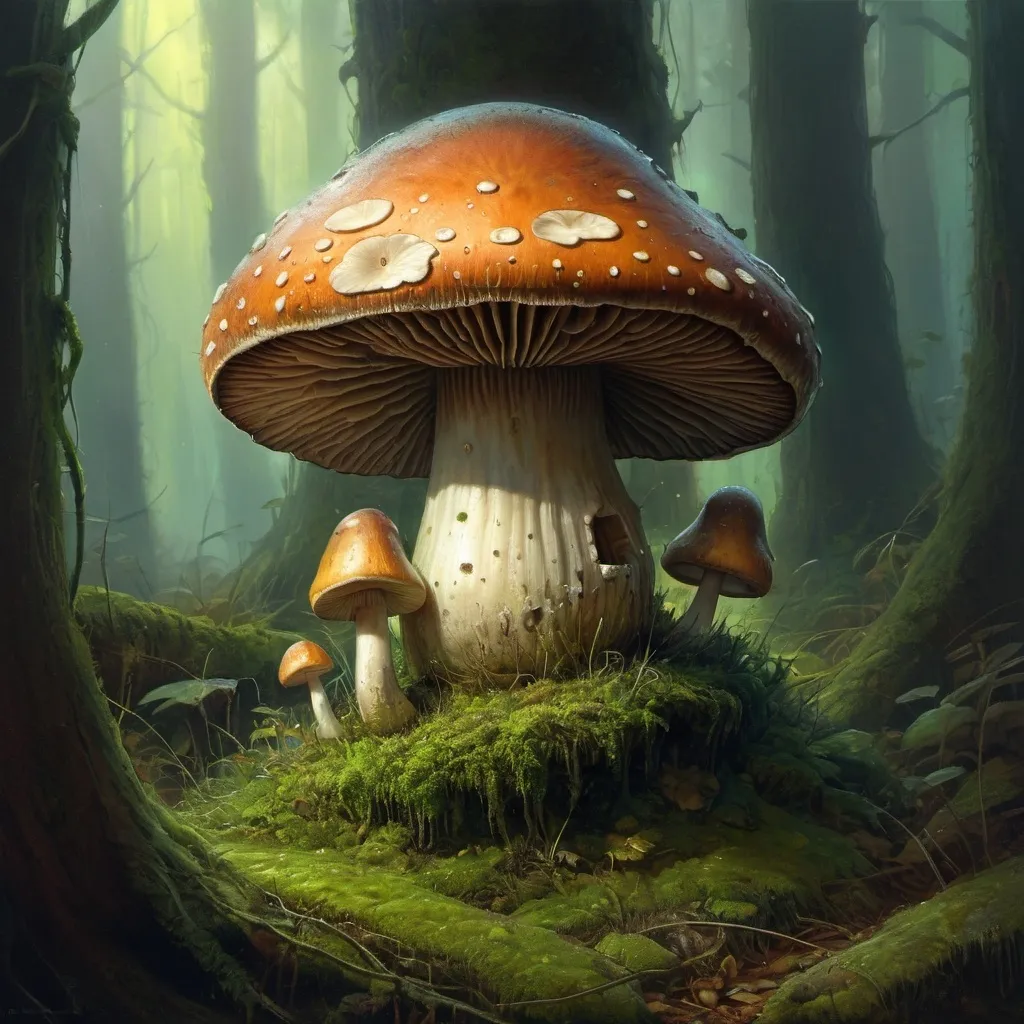 Prompt: a painting of a mushroom with a light shining on it's head and a green mossy base, Alejandro Burdisio, psychedelic art, highly detailed digital painting, a fine art painting