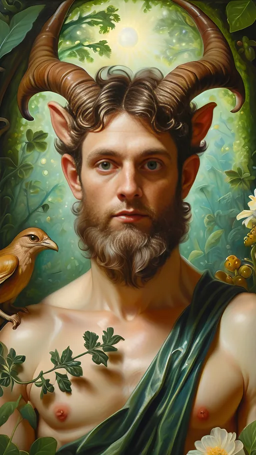 Prompt: Renaissance oil painting, (ultra-detailed), (character portrait) of a Magician transforming into a Satyr in lush Arcadia, surrounded by lush greenery, delicate flowers, gentle sunlight filtering through trees. The man with impressive horns and an ornate orb on his wand, a majestic bird perched on his shoulder, evoking magic and honor. Capturing the essence of Pan and Nuit in a vivid, enchanting atmosphere. High-quality craftsmanship from Seven Wonders Art Glass Studio.