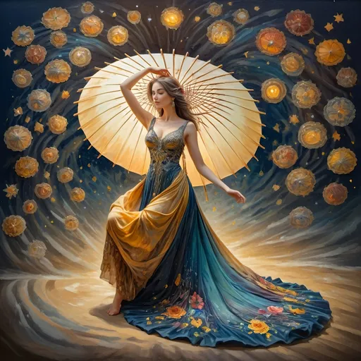 Prompt: an oil painting by 7 Wonders Art Glass Sudio of a woman in a dress holding a parasol.  The parasol is brightly colored and detailed in honor of Nuit.