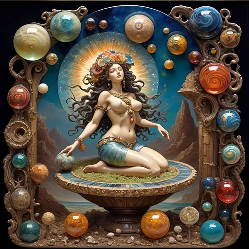 Prompt: (7 Wonders Art Glass Studio masterpiece), oil painting, (honoring Goddess Nuit), vibrant colors, enchanting atmosphere, Renaissance attire, surrealistic elements, Jack-in-the-Box emerging, creator of the universe, sewing the seeds of the universe, celestial motifs, planets depicted with intricate details, festive ambiance, high depth cinematic masterpiece, (cosmic theme) blending ancient and contemporary styles, (ultra-detailed).