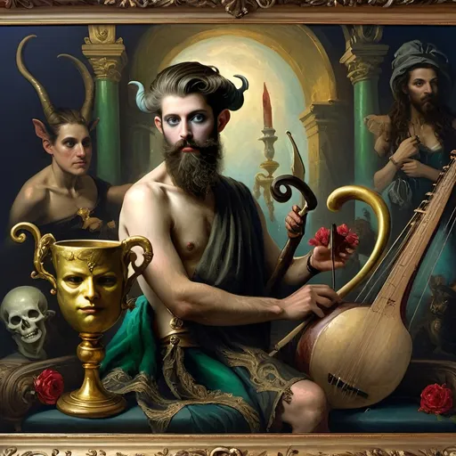 Prompt: (oil painting) Honoring Nuit, a man with a (wisdom-filled beard) holding a harp and a (rich) cup of wine, next to a (gilded golden cup), Ditlev Blunck's artisanal touch, (neoclassical elegance) with (Flemish Baroque influences). The atmosphere reflects reverence and beauty, drenched in (warm, golden tones), evoking the essence of a (divine encounter) that captures a mortal honoring the God Pan. Ultra-detailed, quintessential classical painting.