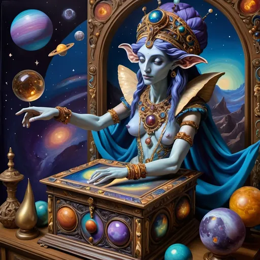 Prompt: (Renaissance oil painting), a stunning masterpiece capturing the essence of the Goddess Nuit, a whimsical Jack-in-the-Box emerging in ornate attire, sewing the seeds of the universe, planets swirling around, vibrant cosmic colors illuminating the canvas, intricate details, rich textures, playful yet profound ambiance, 4K ultra-detailed, an extraordinary blend of mythology and creativity celebrating the act of creation in a mystical setting.