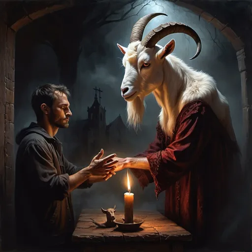 Prompt: (breathtaking fantasy art), a man and a goat reaching hands, melancholic atmosphere, flickering candlelight casting eerie shadows, ominous message on a weathered sign (accurately spelled text "the devil is coming"), dark colors, rich textures, dramatic lighting, intricate details, captivating composition, mysterious ambiance, (oil painting), (ultra-detailed), (high resolution).