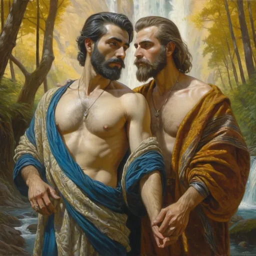 Prompt: a painting of two men in a forest with a waterfall in the background and a man with a beard, Donato Giancola, qajar art, classical painting, a painting