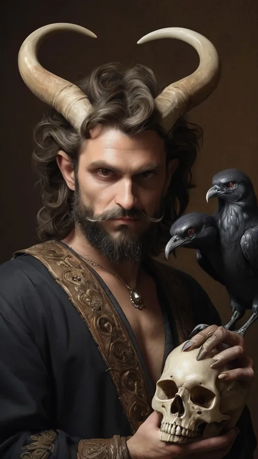 Prompt: (Renaissance still life) (man magician satyr), (horns), holding a cane with skull orc (crow perched on his shoulder), elegant pose, stylized cane topped with a (skull orb)