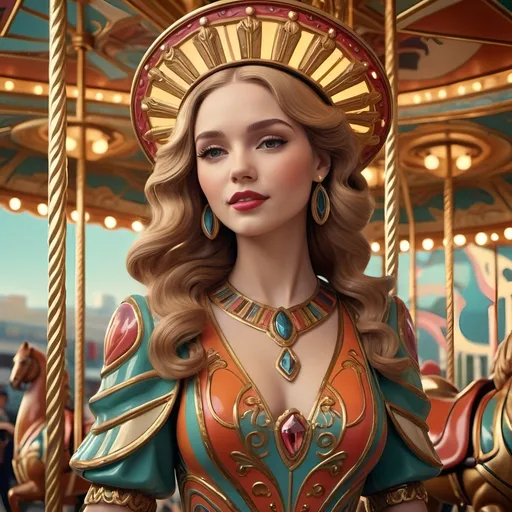 Prompt: Art deco style, (Carousel of Humanity) vibrant colors, lush and intricate design, dynamic shapes, ornate patterns, joyful atmosphere, captivating depiction of love, compassion visualized, rotating figures embodying empathy and kindness, rich decorative elements enhancing the theme, artistic masterpiece, 4K resolution, dramatic lighting emphasizing emotions.