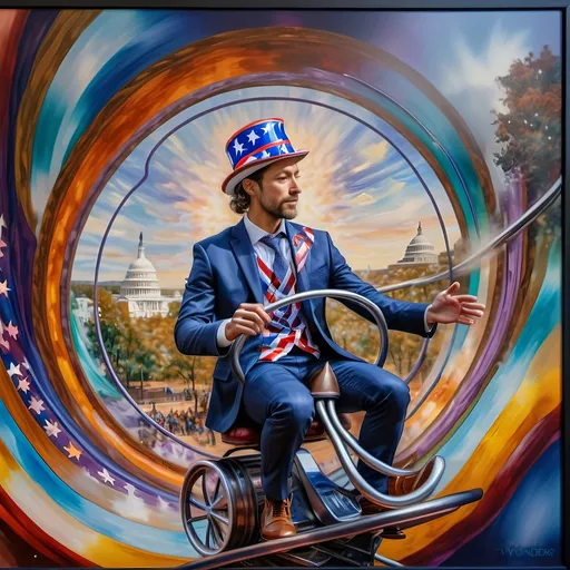 Prompt: A Seven Wonders Art Glass Studio masterpiece painting of a man in a patriotic hat riding Freedom rollercoaster in D. C.’s new amusement park named Freedom Park.  Honoring Nuit.