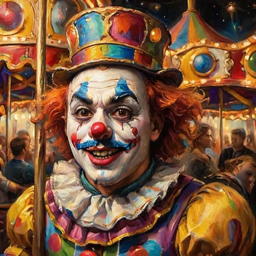 Prompt: Acrylic painting of a clown riding a carousel of dreams, highly detailed, vibrant colors, surreal atmosphere, whimsical and enchanting, featuring mystical elements of Nuit, intricate carousel design with colorful lights, reflecting a dreamy ambiance, rich textures, soft lighting, photorealistic style, captivating composition, enchanting scenery, depicting an imaginative blend of dreams and artistic expression.