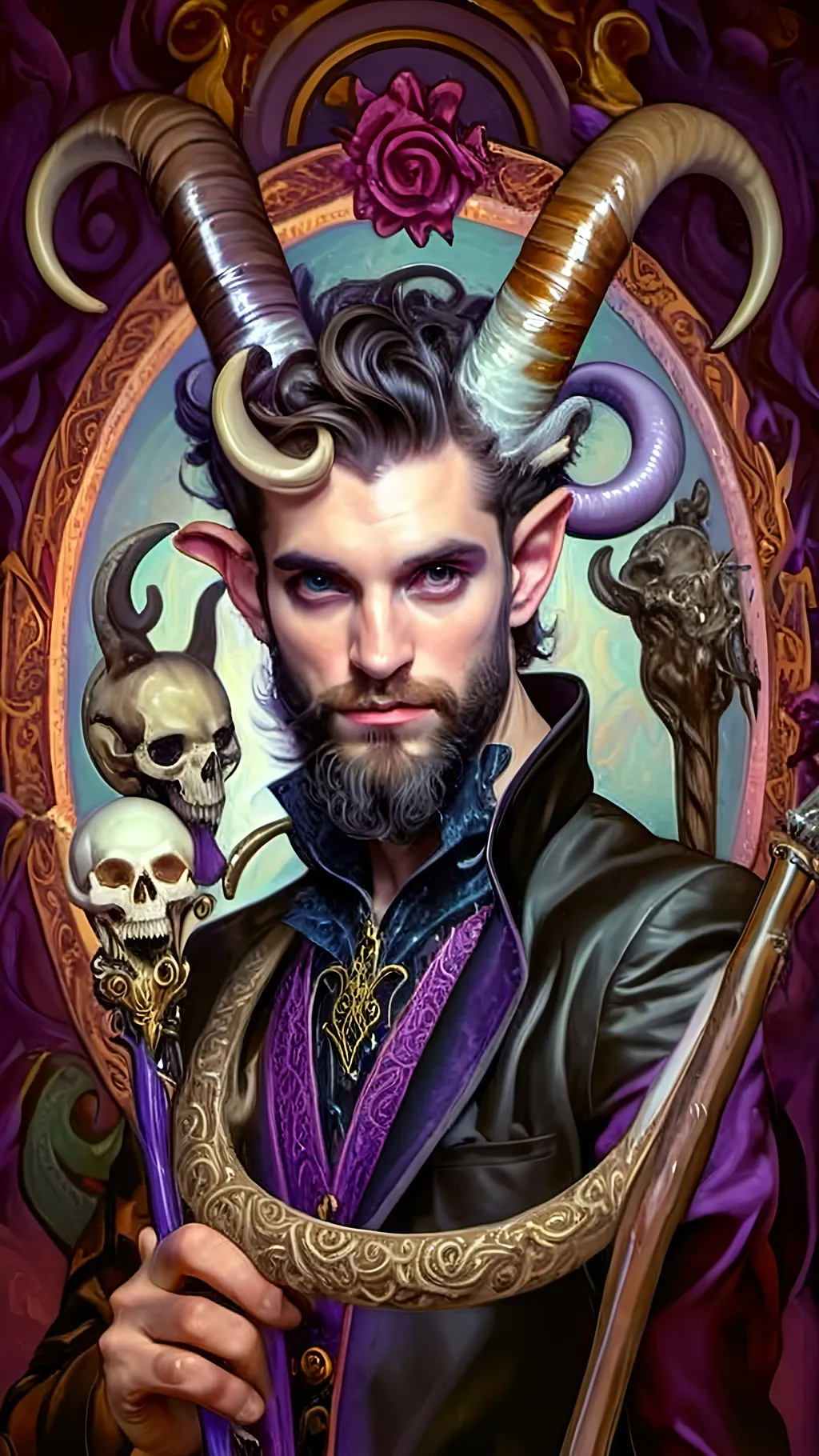 Prompt: a painting of a man magician satyr with horns and a skull in his hand and a crow on his shoulder, with a cane with a scull as orb