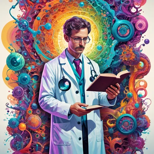 Prompt: (poster), (psychedelic art), gay scientist man, wearing a lab coat, holding a microscope and a book, vibrant colors, swirling patterns, abstract forms surrounding him, intricate details, mesmerizing visuals, science and knowledge theme, illuminated background, enchanting atmosphere, bold and dynamic composition, visually captivating, high-quality 4K, artistic masterpiece.