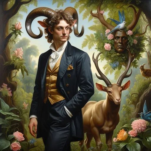 Prompt: Renaissance oil painting, (ultra-detailed), (character portrait) of a Magician transforming into a Satyr in lush Arcadia, surrounded by lush greenery, delicate flowers, gentle sunlight filtering through trees. The man with impressive horns and an ornate orb on his wand, a majestic bird perched on his shoulder, evoking magic and honor. Capturing the essence of Pan and Nuit in a vivid, enchanting atmosphere. High-quality craftsmanship from Seven Wonders Art Glass Studio.