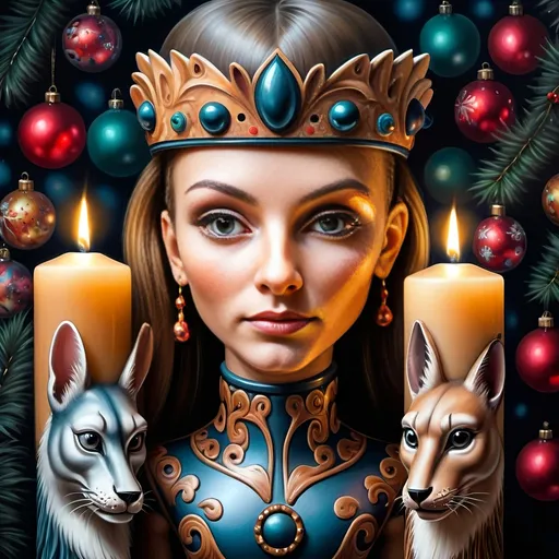 Prompt: (nutcracker), (candle and candle holder), surrounded by (Christmas decorations), (psychedelic art style), (vibrant color scheme), (extremely detailed), (oil painting), (airbrush painting), inspired by (Anne Stokes), (pop surrealism), dynamic patterns and textures, warm and festive ambiance, high-quality artistry, rich hues melding into each other, whimsical elements drawing viewers in, enchanting holiday spirit, magical atmosphere.