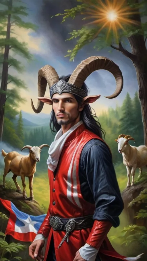 Prompt: (Anne Stokes inspired) painting of a (man with a goat's head), striking pose, a (flag billowing in front), deep magical forest background, high vibrancy, epic fantasy vibe, intricate details, dynamic brushwork, soft highlights and shadows, (masterpiece quality), immersive colors and textures, portraying a heroic and otherworldly atmosphere.