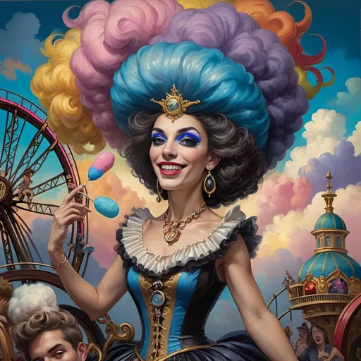 Prompt: (honoring nuit), a mesmerizing painting of colorful drag queens exuding joy and fabulousness while riding a roller coaster, vibrant (rainbow) painted on the side, a whimsical ferris wheel creating a festive atmosphere in the background, whimsical cotton candy clouds, (dynamic movement), warm pastel colors enhancing the lively scene, ultra-detailed, high-quality artwork capturing a celebratory ambiance.