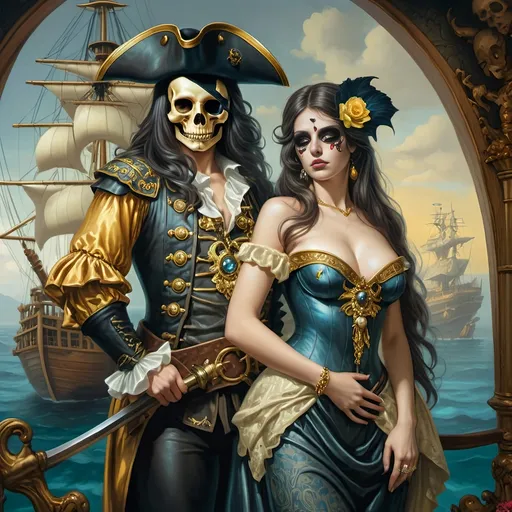 Prompt: A 7 Wonders Art Glass Studio Renaissance oil painted masterpiece (Honoring Nuit) of a pirate man and lover dressed in pirate costume of the period if Conquistadors standing next to each other in front of a ship with a skull, David Macaulay, fantasy art, highly detailed oil painting, an oil painting