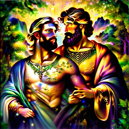 Prompt: (Seven Wonders Art Glass Studio) commissioned portrait, (oil on canvas), Renaissance Era painting, two male husbands celebrating wedding anniversary, bearded and chest-haired, honoring Nuit, mystical and esoteric scenery, atmospheric with soft, warm hues, golden light filtering through trees, intricate details, lush background resembling Pan's Arcadia, nostalgic and enchanting vibe, high quality, (ultra-detailed).