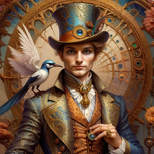 Prompt: a painting of a colorful bird with a circular background and a gold ring around it's neck and a blue eye, Android Jones, psychedelic art, highly detailed digital painting, a detailed painting