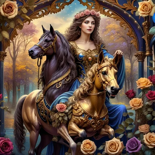 Prompt: Art Nouveau Carousel scene, (elegant woman with horse), (vibrant roses), soft pastel color scheme, (hues of gold and azure), romantic and whimsical atmosphere, detailed decorative elements, intricate designs, enchanting background featuring the (beautiful carousel), ethereal lighting, showcasing the beauty of Nuit, (ultra-detailed, 4K), dreamlike imagery blending nature and artistry.