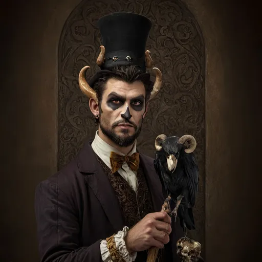 Prompt: (Renaissance still life), (man magician satyr), (dark color scheme), (elegant pose), (horns), holding a cane with skull orc, (crow perched on his shoulder), intricate details, moody ambiance, dim celestial lighting, rich textures, dramatic shadows, (stylized cane topped with a skull orb), ultra-detailed, high quality, evocative atmosphere.