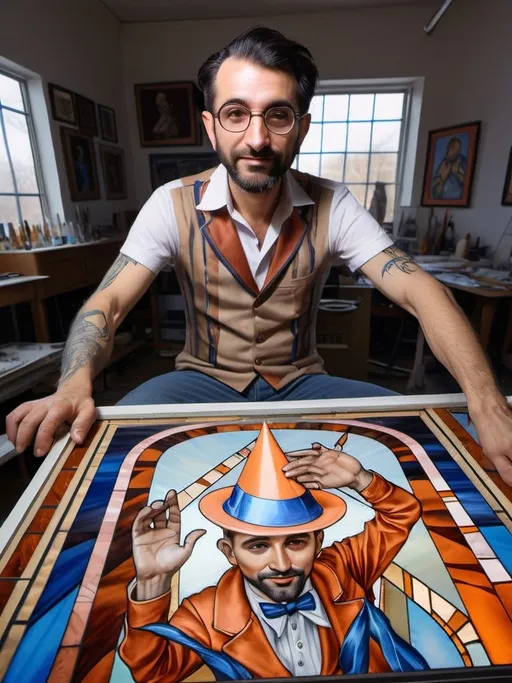 Prompt: A Seven Wonders Art Glass Studio Magician working on a stained glass window of Art Deco Tulip.  a Magician with a tattoo on his arm, a character portrait honoring Nuit and Aeon of Horus