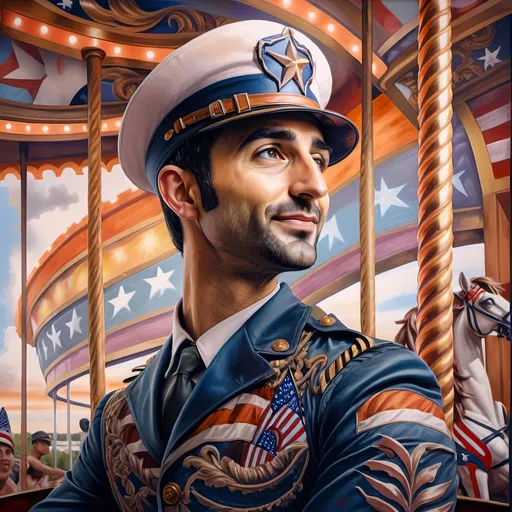 Prompt: (A masterpiece oil painting) of a man in (military uniform), riding the (Carousel of Heroes), vibrant colors highlighting the ornate design of the carousel. The scene is filled with a (nostalgic atmosphere), paying homage to (veterans and active military). Whispering elements of (honor) and (courage) are present, with artistic flourishes emphasizing the essence of (Nuit). The overall feel is (dramatic) and uplifting, portraying both valor and beauty in high definition.