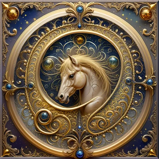 Prompt: Seven Wonders Art Glass Studio oil painting, (honoring Nuit), horse portrait, (golden background), highly detailed, digital painting, (fine art), Renaissance masterpiece, (Art Nouveau influence), intricate textures, vibrant hues, ethereal light, enchanting atmosphere, rich details, elegant composition, warm tones, sophisticated brushwork, impressive realism, luxurious feel, captivating elegance, 4K quality.