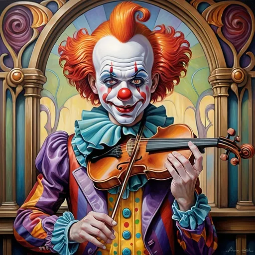 Prompt: (clown with a violin), (art nouveau style), (vibrant color scheme), richly detailed, (highly detailed oil painting), (Anne Stokes inspired), (pop surrealism), whimsical ambiance, enchanting background, ornate mirror reflecting the clown's colorful attire, flowing patterns and shapes, intricate details, emotional expression, sumptuous brushwork, captivating composition, ultra-detailed, fine art masterpiece.