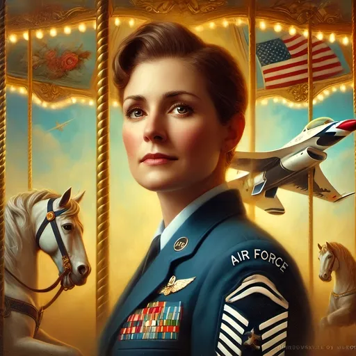 Prompt: (renaissance style oil painting), woman in Air Force uniform, next to a nostalgic carousel featuring a horse and a plane, adorned with colorful flags, soft (pastel color scheme), atmospheric and whimsical ambiance, incorporating intricate details and textures, referencing (Bob Byerley), emphasis on personality and emotion in the scene, (extremely detailed) composition, high quality (ultrafine detail), capturing the essence of an American scene.