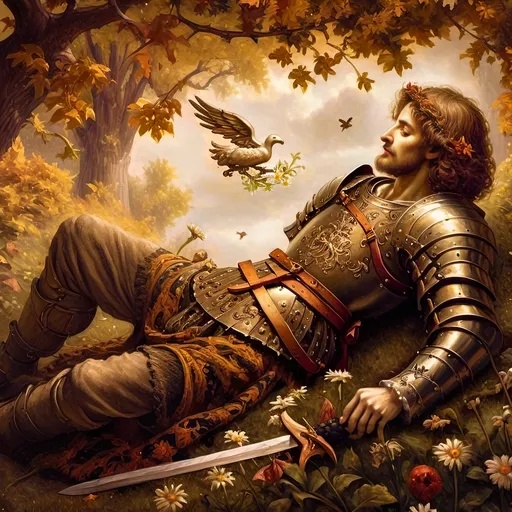 Prompt: Renaissance painting of a (knight laying on the ground), gripping a (sword in hand), surrounded by (daisies in the foreground), characterized by (misc-macabre style), (dark color scheme), inspired by (Anne Stokes), (fantasy art), (storybook illustration), moody ambiance, vibrant detailed textures, (ultra-detailed), dramatic shadows, rich depth, a hauntingly beautiful scene.