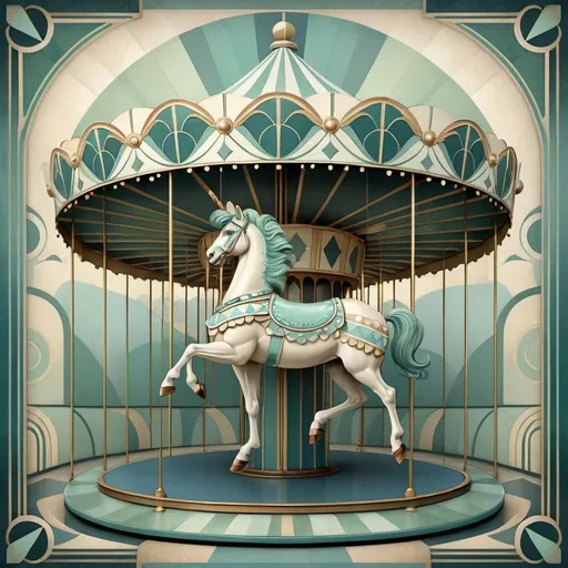 Prompt: (Artwork in Art Deco style), carousel adorned with intricate geometric patterns, clown depicting peaceful serenity, calm expression, soft, muted blues and greens creating a cool color scheme, whimsical yet elegant design, detailed background featuring subtle art deco elements, ethereal atmosphere of contentment, ultra-detailed and high quality image.