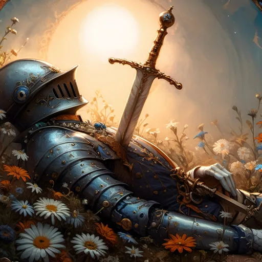 Prompt: Renaissance painting of a (knight laying on the ground), gripping a (sword in hand), surrounded by (daisies in the foreground), characterized by (misc-macabre style), (dark color scheme), inspired by (Anne Stokes), (fantasy art), (storybook illustration), moody ambiance, vibrant detailed textures, (ultra-detailed), dramatic shadows, rich depth, a hauntingly beautiful scene.