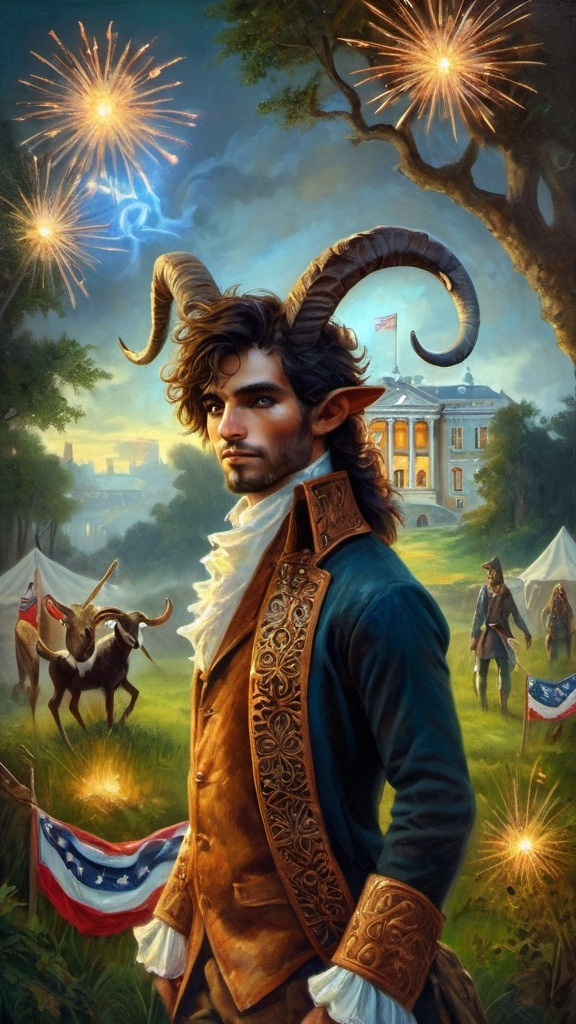 Prompt: (fantastic painting of a man with a goat's head), (holding a dramatic flag), detailed textures, rich color tones, vivid brushstrokes, Anne Stokes style, (magical ambiance), ethereal lighting, (epic fantasy elements), striking contrast, enchanting background landscapes, (fine art masterpiece), high resolution, ultra-detailed composition, inviting emotion and wonder.