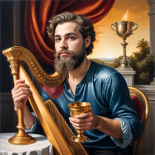 Prompt: (Seven Wonders Art Glass Studio), oil painting, (honoring Nuit), a man with a beard, holding a harp, glass of wine, golden cup beside him, (Ditlev Blunck), neoclassicism, classical painting, Flemish Baroque style, high detail, rich colors, warm glowing light, serene atmosphere, capturing tradition and reverence, elegant background with ethereal elements, ultra-detailed composition, masterful artistry.