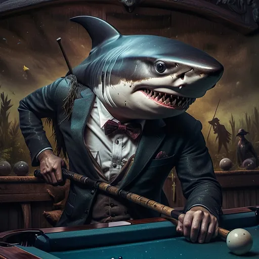 Prompt: (shark in a suit, playing pool), fine art, (pop surrealism) influences, classical painting style, whimsical atmosphere, (detailed textures), vibrant color tones, deep blues and greens, mixed with rich burgundies, engaging composition, pool cues and balls (surreal twist), intricately painted background with elements of artistry, 4K quality, (evocative mood), inspired by 7 Wonders Art Glass Studio, honoring Nuit.