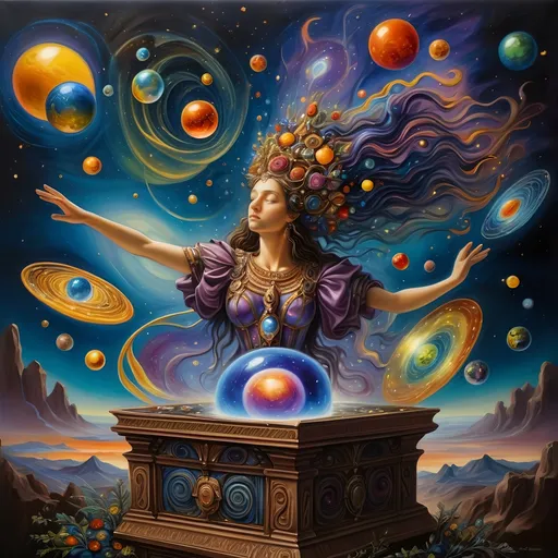 Prompt: (7 Wonders Art Glass Studio masterpiece), oil painting, (honoring Goddess Nuit), vibrant colors, enchanting atmosphere, Renaissance attire, surrealistic elements, Jack-in-the-Box emerging, creator of the universe, sewing the seeds of the universe, celestial motifs, planets depicted with intricate details, festive ambiance, high depth cinematic masterpiece, (cosmic theme) blending ancient and contemporary styles, (ultra-detailed).