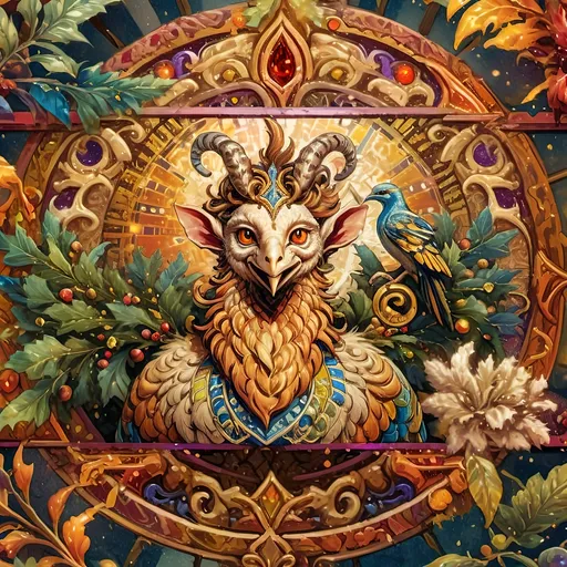 Prompt: (vibrant art nouveau still life), colorful magical painting, (intricate satyr man) with prominent horns, adorned with a festive wreath, holding a glowing candle, (ornate Christmas tree) in the background, rich intricate stained glass details, (refined porcelain influences), warm luminous lighting, lush textures, whimsical ambiance, and ultra-detailed craftsmanship that evokes the enchanting spirit of the holiday season.