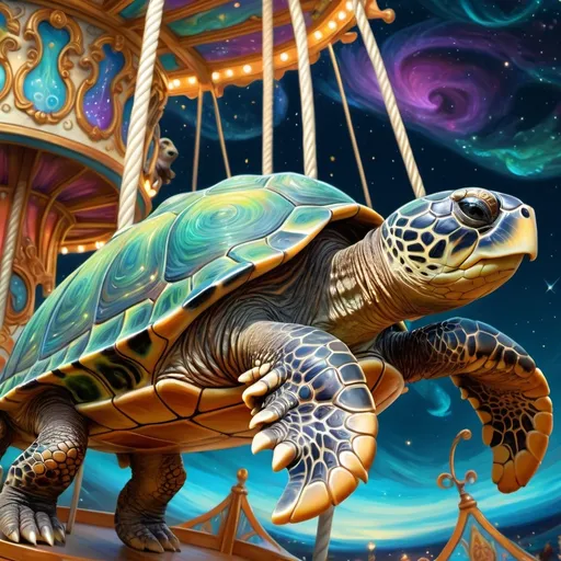 Prompt: (turtle on carousel), (stars and swirls on its back), (spirally design), psychedelic art, vibrant colors, intricate details, fantastical atmosphere, dreamy ambiance, Donato Giancola style, highly detailed digital painting, airbrush painting techniques, visual wonder, swirling patterns, enchanting background, whimsical dreamscape, (4K resolution), ultra-detailed craftsmanship.