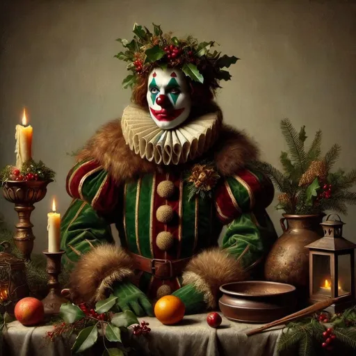 Prompt: a painting of a clown with a candle and other decorations around it, including a candle holder, a bowl of fruit, and a candle, Ernest William Christmas, pop surrealism, rembrandt style, a flemish Baroque